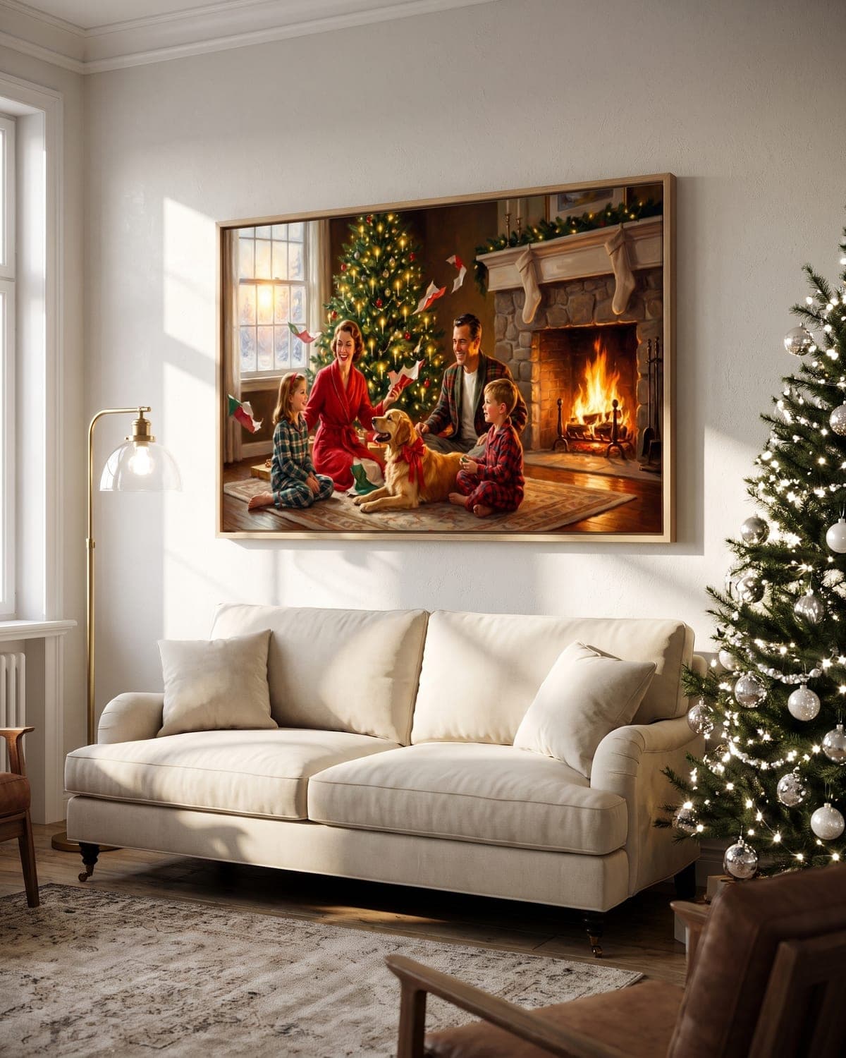 A painted family Christmas portrait on a float-framed canvas above a living-room sofa