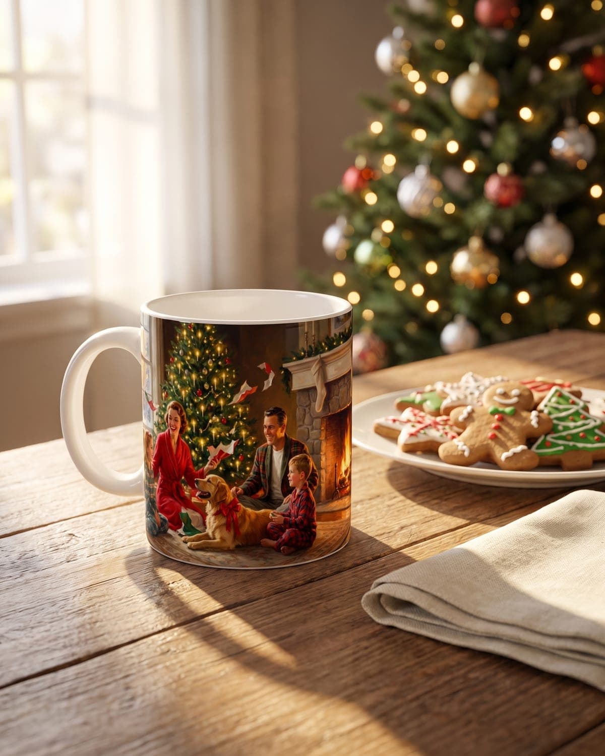 A ceramic mug printed with a painted family Christmas portrait on a kitchen table beside cookies