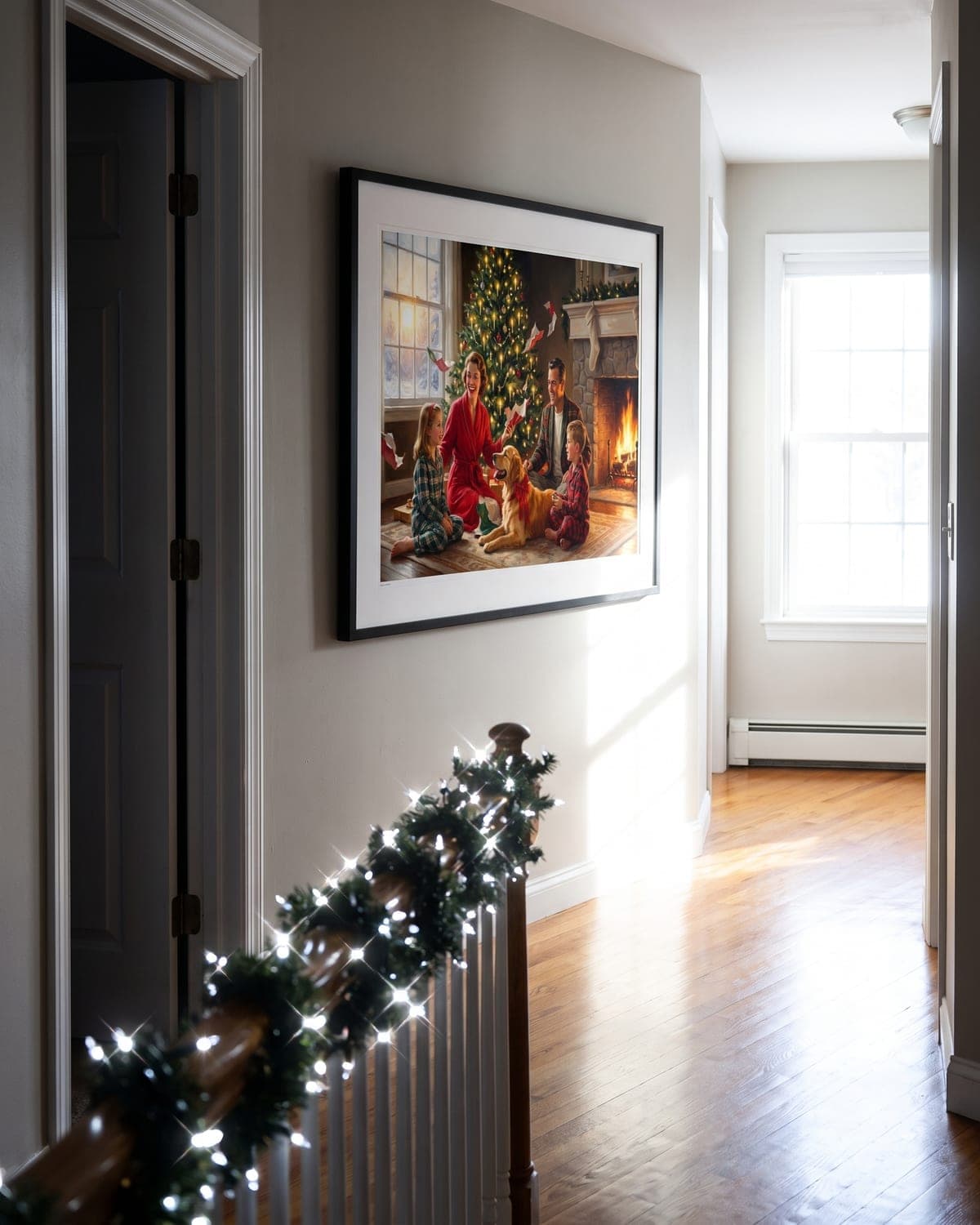 Two hands holding up a framed archival print of a painted family Christmas portrait in a hallway