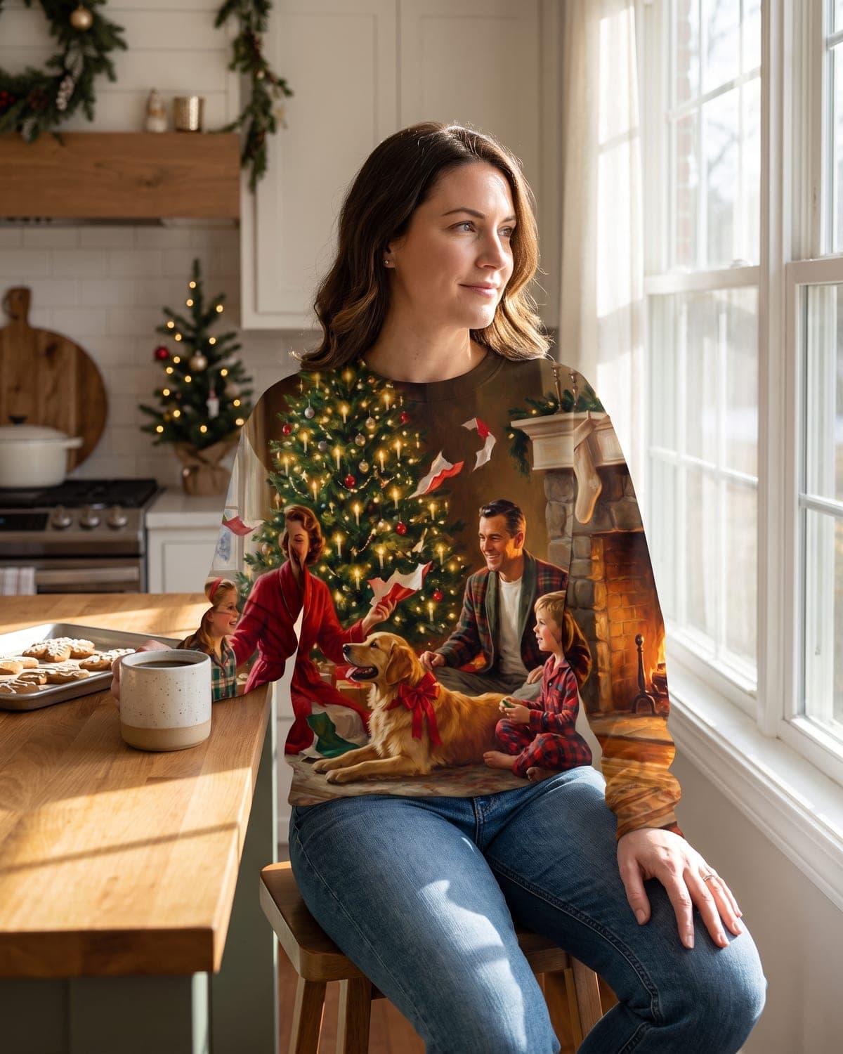 A woman in a kitchen wearing a sweatshirt printed edge to edge with a painted family Christmas portrait
